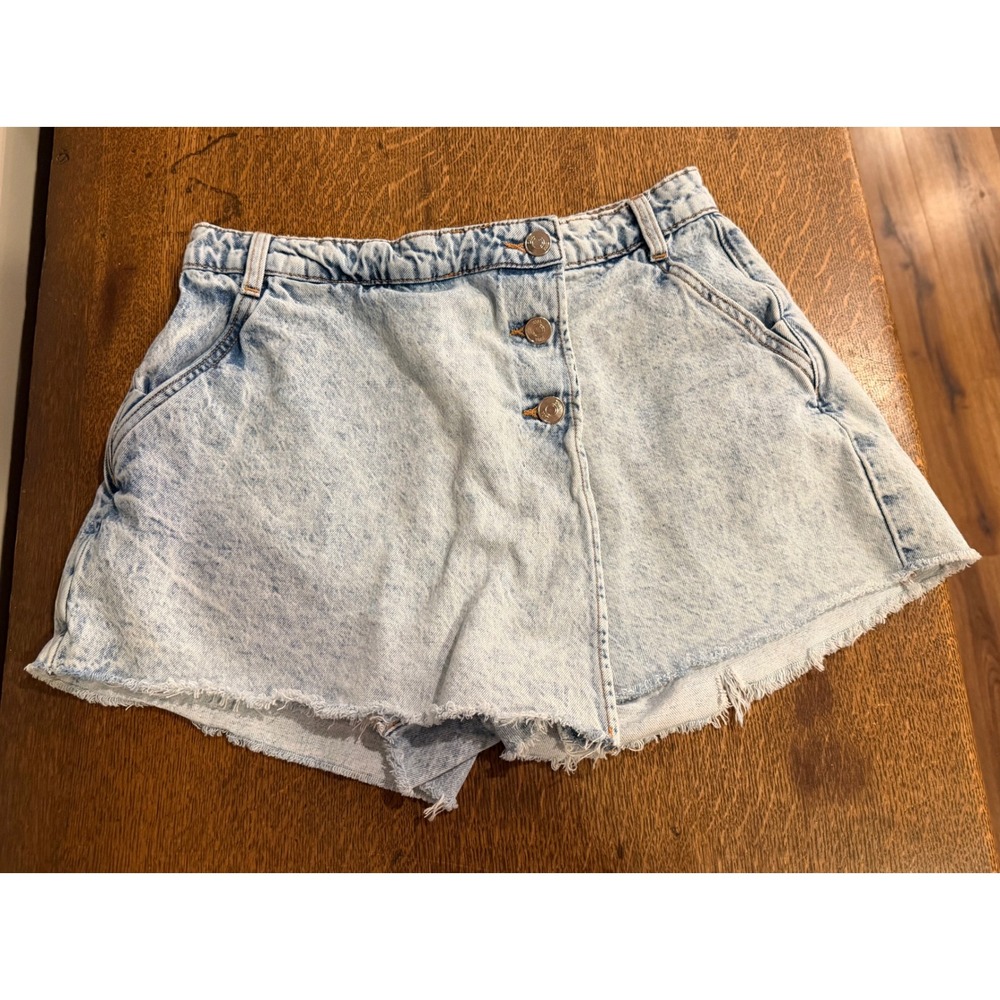Zara Acid Wash Denim Skort Light Blue High Waisted Frayed Hem Size Medium